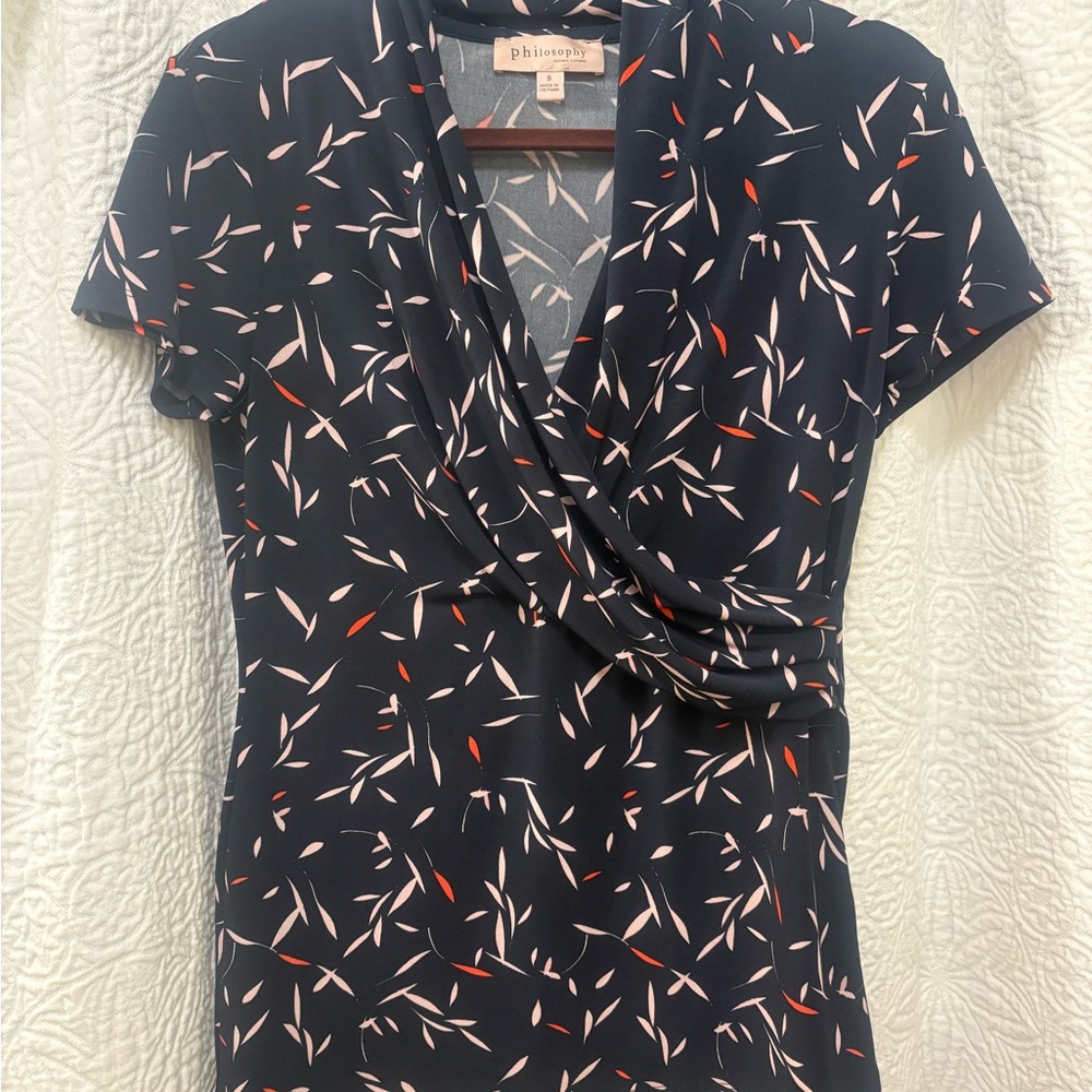 Philosophy Navy Floral-Print Draped V-Neck Top with Pink and Red Accents